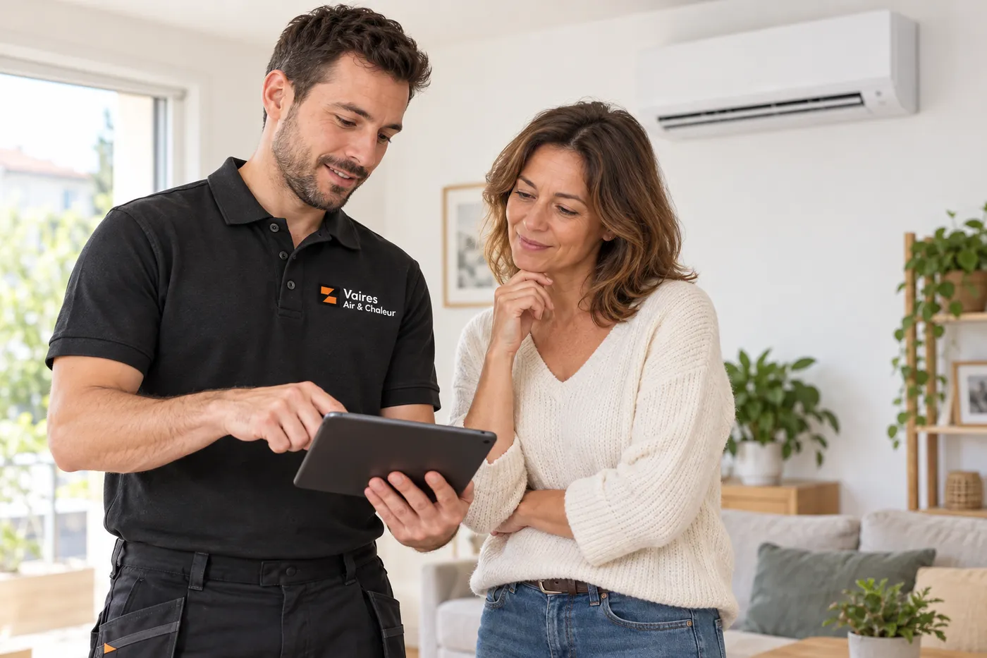 Technicien Vaires Air & Chaleur présentant un devis sur tablette à une cliente dans son salon équipé d'une climatisation murale