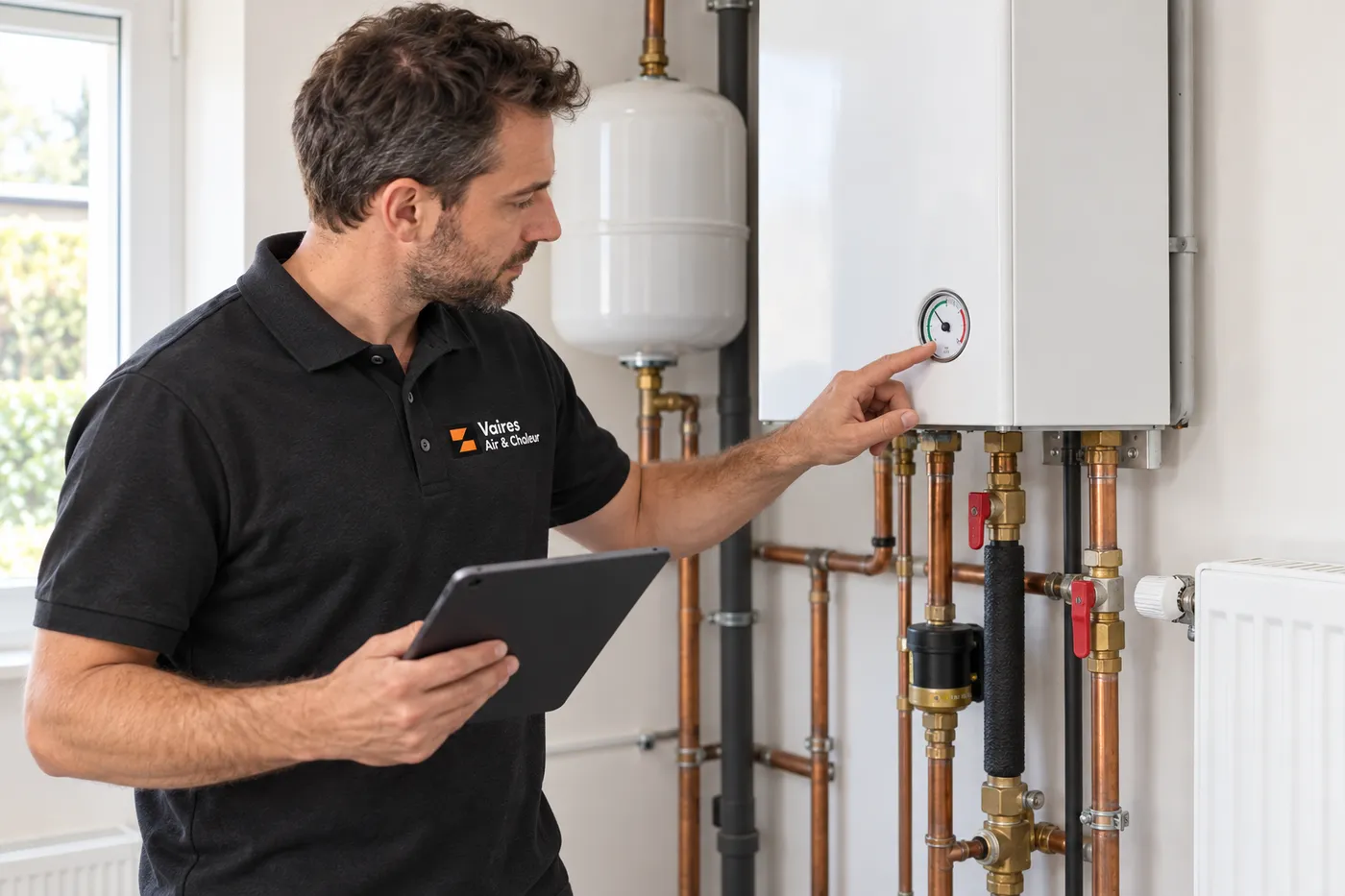 Technicien Vaires Air & Chaleur relevant sur une tablette la pression du module hydraulique d'un chauffage par pompe à chaleur