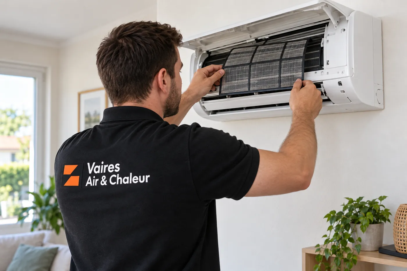 Technicien Vaires Air & Chaleur retirant le filtre d'une unité intérieure de climatisation murale dans un salon
