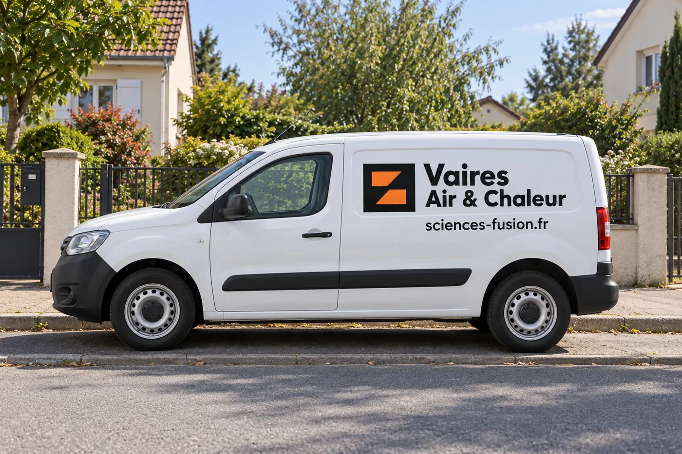 Fourgon blanc Vaires Air & Chaleur, marqué sciences-fusion.fr, garé dans une rue résidentielle bordée de maisons