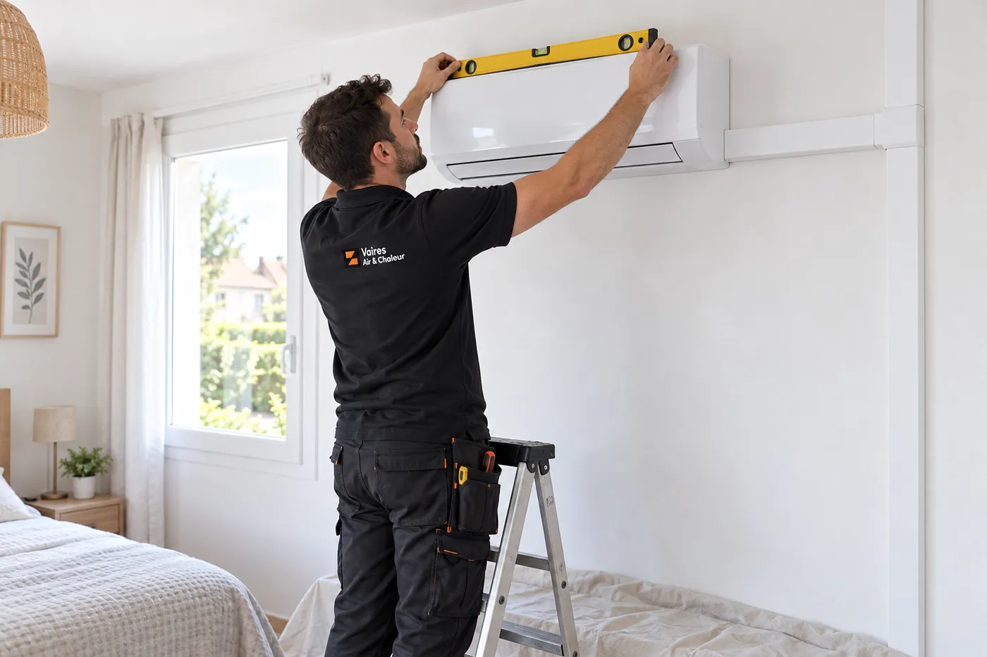 Technicien en polo Vaires Air & Chaleur vérifiant au niveau à bulle une unité intérieure de climatisation fixée au mur d'une chambre