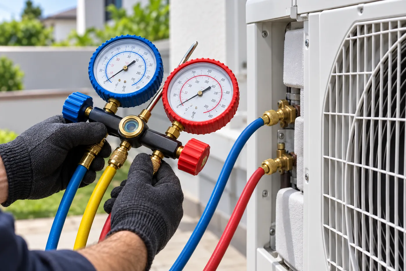 Manomètres de contrôle raccordés aux vannes d'une unité extérieure de climatisation pour vérifier les pressions du fluide frigorigène